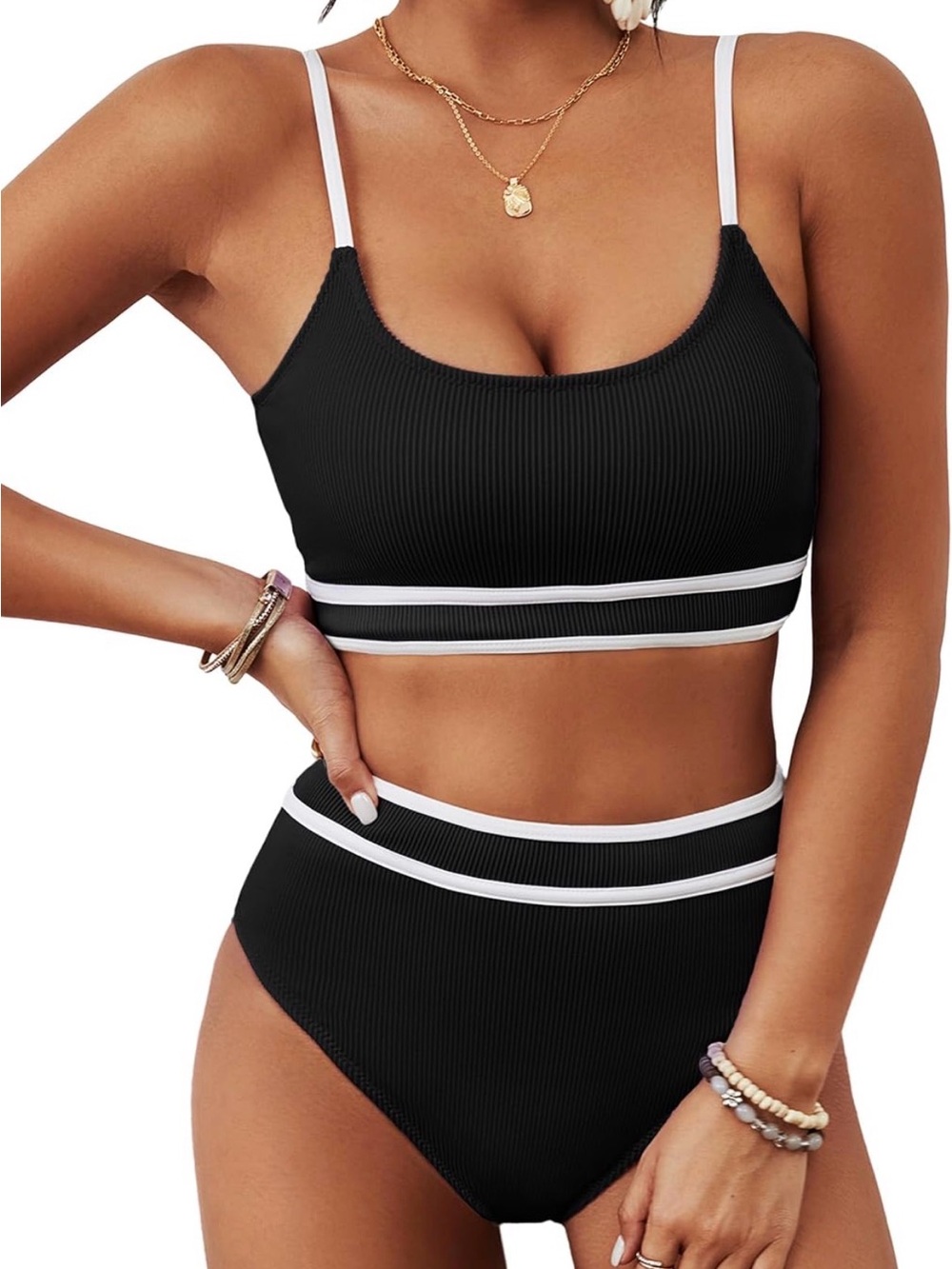 NWT Size S - Black Two-Piece Ribbed High-Waist Bikini with Contrast Trim